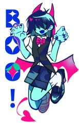  0916psy 1other absurdres black_shoes blue_hair blue_nails blue_skin blue_tongue bow colored_skin colored_tongue commentary deltarune demon_horns demon_tail demon_wings english_text fang fangs fingernails hair_over_eyes heart highres horns korean_commentary kris_(dark_world)_(deltarune) kris_(deltarune) nail_polish open_mouth paw_pose pink_bow pink_horns shirt shoes short_hair simple_background skin_fang skin_fangs smile socks tail tongue utdr_(toby_fox) vest waistcoat white_shirt white_socks wings 
