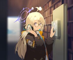  1girl 9ml ahoge asymmetrical_bangs black_jacket blonde_hair blue_archive blurry blurry_background blush book bookshelf braid closed_mouth collared_shirt from_side game_asset glasses hair_between_eyes hair_ornament hairclip halo hand_up headphones headphones_around_neck highres hood indoors jacket kotama_(blue_archive) library light_bulb long_hair long_sleeves looking_at_viewer millennium_science_school_logo non-web_source official_art open_clothes open_jacket parted_lips purple_halo round_eyewear semi-rimless_eyewear shirt single_braided_sidelock solo two-sided_fabric two-sided_jacket under-rim_eyewear upper_body violet_eyes warm_colors white_shirt yellow_jacket 