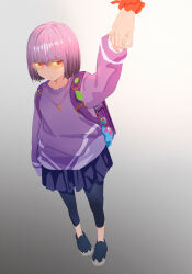  2girls a_(c3einycggcevevf) absurdres aged_down backpack bag black_pants black_shoes black_skirt broken_eyewear closed_mouth commentary dot_mouth expressionless glass gradient_background grey_background gridman_universe highres holding_hands jewelry key key_necklace multiple_girls necklace orange_scrunchie pants pink-framed_eyewear pleated_skirt purple_bag purple_hair red_eyes scrunchie shinjou_akane shoes short_hair skirt ssss.gridman takarada_rikka tinted_eyewear wrist_scrunchie 
