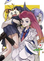  1boy 1girl absurdres blue_eyes blue_hair blush card chinese_commentary commentary_request couple crossdressing crossdressing_(ftm) crossdressing_(mtf) crossover earrings flower green_eyes green_hair hair_slicked_back hat highres james_(pokemon) jessie_(pokemon) jewelry lifting_person looking_at_viewer magic meowth pokemon pokemon_(anime) pokemon_(classic_anime) pokemon_(creature) ratafee335 red_flower red_hair red_rose rose team_rocket top_hat 