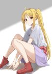  1girl ahoge arms_between_legs belt blonde_hair bocchi_the_rock! expressionless gradient_background grey_background grey_shirt highres ijichi_nijika kanaria_hisagi knees_to_chest long_hair looking_at_viewer purple_skirt red_eyes red_footwear shirt side_ponytail sidelocks simple_background sitting skirt solo thigh-highs white_background wide_sleeves 