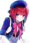  1girl absurdres arima_kana backpack bag beret black_bow black_vest blue_headwear blue_jacket blush bow buttons chromatic_aberration closed_mouth collared_shirt commentary_request cropped_jacket hat hat_bow highres jacket long_sleeves open_clothes open_jacket oshi_no_ko pink_bow pink_ribbon red_eyes redhead ribbon school_uniform shirt short_hair simple_background skirt solo sparkle sweatdrop utugi_000 vest white_background white_skirt youtou_high_school_uniform 