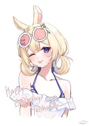  1girl absurdres animal_ears bikini blonde_hair blue_bikini blue_eyes blush bow commentary dress english_commentary eyewear_on_head folded_twintails hair_bow highres indie_virtual_youtuber looking_at_viewer manaryuujin one_eye_closed pink-tinted_eyewear rabbit_ears rabbit_girl solo sundress sunglasses swimsuit tinted_eyewear tongue tongue_out virtual_youtuber white_background white_dress yenko_(vtuber) 
