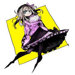 1girl aqua_eyes black_hat black_shoes black_skirt bow breasts brown_hair cardigan closed_mouth commentary_request frilled_skirt frills full_body hat hat_bow large_breasts large_buttons long_hair looking_up medium_skirt nijisanji oshaka_(haguki) pink_bow pink_cardigan pink_shirt pointy_shoes ringed_eyes shirt shoes simple_background sketch skirt sleeves_past_fingers sleeves_past_wrists suzuhara_lulu suzuhara_lulu_(1st_costume) virtual_youtuber wavy_mouth white_background yellow_background 