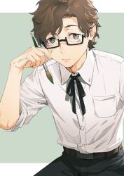  1boy belt black-framed_eyewear black_pants border brown_belt brown_eyes brown_hair buttons closed_mouth commentary_request dress_shirt glasses hiraga_keisuke holding holding_brush ink_on_face ink_on_hands invisible_chair isa_(peien516) male_focus outside_border pants persona persona_3 pocket semi-rimless_eyewear shirt shirt_tucked_in sitting solo under-rim_eyewear white_border 