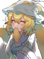  1girl aburaage animal_ears blonde_hair blush breasts commentary_request crossed_bangs dress fang food food_in_mouth fox_ears fox_girl fox_tail frills hair_between_eyes hands_up hat highres long_sleeves looking_at_viewer maesakichitose medium_breasts medium_hair mouth_hold multiple_tails one-hour_drawing_challenge simple_background skin_fang sleeves_past_fingers sleeves_past_wrists slit_pupils solo sparkle tabard tail touhou white_background white_dress yakumo_ran yellow_eyes 