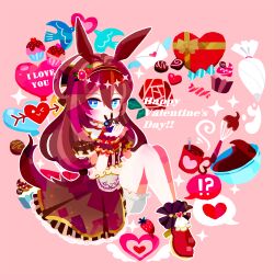  !? 1girl ahoge animal_ears apron bloomers blue_eyes blush box brown_hair brown_skirt character_doll chocolate commentary_request cupcake doll dress english_text envelope food food-themed_hair_ornament fruit full_body gift hair_between_eyes hair_ornament hairband happy_valentine heart heart-shaped_box high_heels highres horse_ears horse_girl horse_tail letter long_hair looking_at_viewer love_letter mihono_bourbon_(code:_icing)_(umamusume) mihono_bourbon_(umamusume) no_lineart puffy_sleeves rice_shower_(umamusume) shirt shoes short_sleeves sitting skirt solo sparkle spatula spoken_interrobang strawberry_hair_ornament tail umamusume valentine waniyama1993 
