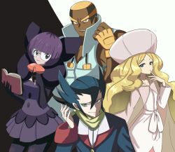  2boys 2girls 96pkfa :o black_background black_eyes black_gloves black_hair blonde_hair blue_eyes blue_hair blue_jacket bob_cut book caitlin_(pokemon) cape closed_mouth commentary_request dark-skinned_male dark_skin dress elbow_gloves eyelashes fingerless_gloves glasses gloves grey_eyes grimsley_(pokemon) hair_between_eyes hat highres holding holding_book holding_pen jacket long_hair long_sleeves looking_at_viewer marshal_(pokemon) multiple_boys multiple_girls open_book open_mouth orange_gloves pantyhose pen pink_dress pink_hat pokemon pokemon_black_and_white purple_dress purple_hair purple_pantyhose scarf see-through_cape see-through_clothes shauntal_(pokemon) short_hair smile teeth two-tone_background very_long_hair white_background yellow_eyes yellow_gloves yellow_scarf 