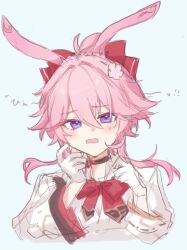  1girl animal_ears asymmetrical_sleeves black_choker blush bow bowtie breasts choker collared_shirt commentary_request evanescia_(honkai:_star_rail) flower fox_ears fox_girl gloves hair_between_eyes hair_bow hair_flower hair_ornament hands_up highres ho_u_u_bo honkai:_star_rail honkai_(series) jacket long_sleeves looking_at_viewer medium_breasts mismatched_sleeves neck_ribbon open_clothes open_jacket open_mouth pink_hair red_bow red_bowtie red_ribbon ribbon shirt short_hair sidelocks simple_background solo tearing_up topknot upper_body violet_eyes wavy_hair white_background white_flower white_gloves white_jacket white_shirt wide_sleeves 