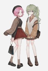  absurdres bag belt belt_buckle black_bag black_belt black_choker black_shoes boots brown_boots brown_skirt brown_socks buckle choker closed_mouth collared_shirt commentary curtained_hair earrings floating_clothes full_body green_hair hair_up highres holding holding_bag jacket jacket_on_shoulders jewelry kusanagi_nene layered_clothes long_hair long_sleeves looking_at_viewer meltyy ootori_emu pink_eyes pink_hair pleated_skirt ponytail project_sekai shirt shoelaces shoes short_hair skirt sleeves_past_wrists socks standing sweater_vest violet_eyes wing_collar zozotown 