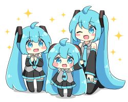  3girls :d ;d ahoge blue_eyes blue_hair blue_necktie blush_stickers chibi clone commentary_request detached_sleeves double-parted_bangs full_body hair_between_eyes hatsune_miku highres long_hair multiple_girls necktie nukotun one_eye_closed open_mouth simple_background sitting smile sparkle standing twintails very_long_hair vocaloid white_background 