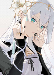  1girl amulet aqua_eyes black_nails black_shirt blue_eyes bracelet breasts cleavage_cutout clothing_cutout commentary_request cross earrings flower gem green_eyes grey_hair hair_flower hair_ornament head_chain highres jewelry long_hair looking_at_viewer multiple_earrings multiple_rings original parted_lips pearl ring shirt simple_background small_breasts solo upper_body white_hair white_shirt yagi_(shiro_yagi) 