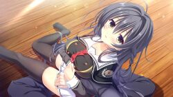  1boy 1girl black_eyes black_hair black_jacket black_pants bow braid buttons capelet collarbone da_capo da_capo_v day double-breasted dutch_angle emblem from_above game_asset grabbing_another's_arm hair_intakes highres jacket kisaragi_yuu_(kisaragiyu) long_sleeves lying miniskirt necktie non-web_source official_art open_mouth pants pleated_skirt pov pov_hands red_necktie sailor_collar school_uniform shirt side_braid skirt sleeve_cuffs tokisaka_yukina visual_novel_cg white_sailor_collar white_shirt wooden_floor 