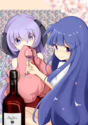  2girls absurdres alcohol bare_shoulders black_horns blue_hair blunt_bangs blunt_ends blurry blush bottle cherry_blossoms closed_mouth commentary_request covering_own_mouth cowboy_shot cup demon_girl demon_horns depth_of_field drinking_glass eyes_visible_through_hair furude_rika hand_up hanyuu highres higurashi_no_naku_koro_ni holding holding_cup horns japanese_clothes kimono long_hair looking_at_viewer looking_back multiple_girls pink_kimono purple_hair ribbon-trimmed_sleeves ribbon_trim shirt short_sleeves sidelocks simple_background sitting sleeves_past_fingers sleeves_past_wrists smile split_mouth tareme very_long_hair violet_eyes white_shirt wide_sleeves wine wine_bottle wine_glass yuyunatsuki 