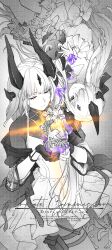  2girls absurdres aged_down arknights bird bodystocking chinese_commentary closed_eyes commentary_request dragon_girl dragon_horns greyscale hair_over_one_eye highres horns ling_nian_dolly long_hair monochrome multiple_girls necrass_(arknights) necrass_(young)_(arknights) reed_(arknights) reed_the_flame_shadow_(arknights) siblings sisters smile spot_color stuffed_animal stuffed_dragon stuffed_toy time_paradox very_long_hair 