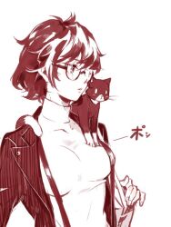  1girl amamiya_ren animal_on_shoulder breasts cat cat_on_shoulder commentary_request expressionless genderswap genderswap_(mtf) glasses jacket kuroko_mikura looking_to_the_side medium_breasts monochrome morgana_(cat)_(persona_5) morgana_(persona_5) open_clothes open_jacket persona persona_5 short_hair sketch solo suspenders upper_body 