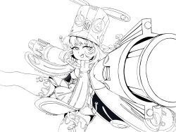  1girl barbaroi_0912 commentary garter_straps greyscale hat highres jacket large_hat long_hair monochrome norma_hollowell open_mouth rubbing_eyes shako_cap simple_background smile solo thigh-highs very_long_hair white_background zenless_zone_zero 