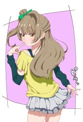  arm_warmers bow brown_hair commentary_request detached_sleeves green_arm_warmers green_bow green_sleeves grey_skirt highres looking_back love_live! love_live!_school_idol_project manya_912 minami_kotori off-shoulder_shirt off_shoulder one_side_up shirt skirt solo yellow_eyes yellow_shirt 