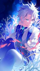  1boy absurdres air_bubble alternate_costume black_streaks blue_eyes blue_gem blue_necktie blue_shorts blue_vest blurry blurry_foreground bubble closed_mouth coral curtained_hair dreonya ensemble_stars! fish frilled_shirt frilled_sleeves frills frown gem gloves hair_between_eyes half-closed_eyes highres jewelry knees_up light_particles long_sleeves looking_down male_focus multicolored_hair necklace necktie parted_bangs pearl_necklace red_gem shirt short_hair shorts sidelighting sitting solo streaked_hair taki_ibuki underwater v-shaped_eyebrows vest white_gloves white_hair white_shirt 