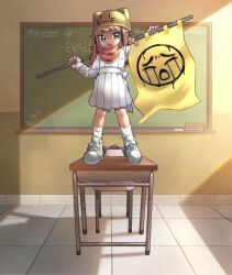  1girl :3 :d blunt_bangs board_eraser braid brown_hair chalk chalkboard classroom commentary crying_emoji desk emoji flag full_body green_eyes hat hat_with_ears highres holding holding_flag indoors long_sleeves looking_at_viewer on_desk open_mouth orange_scarf original scarf school_desk shoes smile sneakers socks solo spanish_text standing standing_on_desk tile_floor tiles untranslatable_commentary white_shoes white_socks yellow_hat yokappa_(jokappa) 