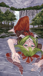  1girl absurdres cliff commentary_request day dress front_ponytail green_hair green_nails hair_ribbon highres kagiyama_hina littolebusters looking_at_viewer lying nature on_back outdoors overcast rain red_dress ribbon shallow_water sky solo touhou tree water waterfall 