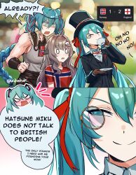  2026_fifa_world_cup 3girls absurdres animal_ears aqua_eyes aqua_hair braid breasts brown_gloves brown_hair commentary cup drinking english_commentary english_flag english_flag_print english_miku english_text estelle_(vtuber) fake_horns gloves hair_ornament hat hatsune_miku hatsune_miku_world_cup_custody_battle_(meme) helmet highres holding holding_cup holding_saucer horned_helmet horns indie_virtual_youtuber large_breasts long_hair meme monocle multiple_girls norwegian_flag norwegian_flag_print norwegian_miku open_mouth saucer sheep_ears sheep_girl sheep_hair_ornament smile smirk soccer_shirt soccer_stadium teacup top_hat twin_braids twintails twitter_username viking virtual_youtuber vocaloid widvnhak world_cup yarm_helmet 