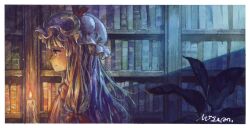  1girl book bookshelf bow candle closed_mouth commentary_request crescent crescent_hat_ornament dress expressionless from_side hair_bow hat hat_ornament highres long_hair miso_pan mob_cap moonlight night painting_(medium) patchouli_knowledge pink_hat plant purple_hair red_bow shadow signature solo touhou traditional_media upper_body violet_eyes watercolor_(medium) 