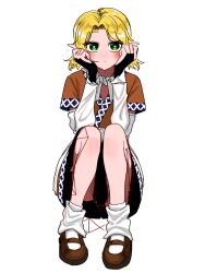  1girl arm_warmers black_bridal_gauntlets black_skirt blonde_hair bridal_gauntlets brown_shirt brown_shoes closed_mouth commentary_request convenient_skirt expressionless full_body green_eyes hands_on_own_cheeks hands_on_own_face highres looking_at_viewer loose_socks mary_janes mizuhashi_parsee pointy_ears shirt shoes short_hair short_sleeves simple_background skirt socks solo squatting touhou white_background white_socks yokozuna_iwashi 