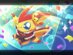  blue_eyes capelet closed_mouth commentary_request confetti crown fangs fur-trimmed_capelet fur_trim highres looking_at_viewer no_humans one_eye_closed pokemon pokemon_(creature) runachikku solo sparkle twitter_username v victini 