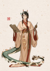 1girl absurdres alternate_costume alternate_hairstyle aqua_eyes arknights black_hair brown_gloves calligraphy_brush chinese_clothes chinese_commentary closed_mouth commentary_request dragon_girl dragon_horns dragon_tail eastern_dragon_horns eastern_dragon_tail flower full_body gloves green_eyes hair_flower hair_ornament hanfu highres holding holding_paper holding_pen horns jie_(arknights) long_sleeves looking_at_viewer paintbrush paper pen pointy_ears robe sash scales shawl smile solo standing tachi-e tail wide_sleeves wujiu_shanxi yaopei yellow_pupils zhijupao 