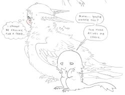 1boy 1other :o blush body_fur creature creature_focus english_text feathered_wings fraid grey_fur greyscale human_head jejejunum monochrome nervous_sweating nethermare original silver_(jejejunum) simple_background sitting speech_bubble sweat thought_bubble traditional_harpy white_background wings wither_(jejejunum) 