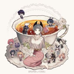  3boys 6+girls ahoge alternate_costume alternate_hairstyle andreana_(arknights) apron arknights arufa013 asphyxiation baking_sheet barefoot blue_poison_(arknights) blush boat bracelet chibi commentary crop_top crop_top_overhang cup dark-skinned_male dark_skin drowning earrings elysium_(arknights) english_commentary flower food_theft glaucus_(arknights) grey_eyes grey_hair hair_bun head_wings highmore_(arknights) highres holding holding_oar indigo_(arknights) irene_(arknights) jewelry juana_(arknights) long_skirt looking_at_viewer low_ponytail lumen_(arknights) multiple_boys multiple_girls necklace oar oversized_object pink_skirt ponytail rose_salt_(arknights) rowboat saucer scar scar_across_eye scar_on_face shirt simple_background sitting skirt smile tea teacup thai_clothes thorns_(arknights) u-official_(arknights) valarqvin_(arknights) watercraft watermark weedy_(arknights) whisperain_(arknights) white_background white_flower white_shirt wings 