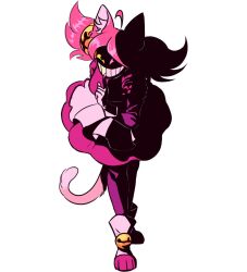  1girl ahoge animal_ears cat_ears cat_girl cat_tail colored_sclera commentary deltarune dress english_commentary finger_to_mouth friend_(deltarune) full_body gloves grin letoilepourpre mad_mew_mew pink_dress pink_hair pink_sclera shushing sidelighting simple_background smile solo tail twintails utdr_(toby_fox) white_background yellow_sclera 
