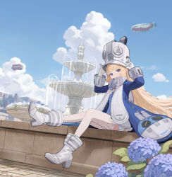  1girl aircraft blonde_hair blue_jacket bus closed_mouth clouds commentary dirigible english_commentary fountain gloves grey_hat hat high_heels highres jacket long_hair looking_at_another looking_at_viewer motor_vehicle norma_hollowell rswifhand shoes sky solo thigh-highs very_long_hair violet_eyes white_gloves white_shoes white_thighhighs zenless_zone_zero 