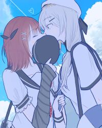 2girls bag black_hat blue_sky clothes_grab clouds commentary_request contrail day detached_sleeves girls_band_cry grcr_pometa1118 grey_eyes grey_hair handbag hat heart highres iseri_nina kawaragi_momoka kiss long_hair medium_hair multiple_girls necktie necktie_grab neckwear_grab outdoors red_hair shirt sky white_hat white_shirt yuri 