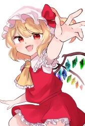 1girl ascot blonde_hair blush bow collared_shirt commentary_request crystal crystal_wings fang flandre_scarlet frilled_shirt_collar frilled_skirt frills hat hat_bow highres looking_at_viewer marione mob_cap multicolored_wings one_side_up open_mouth red_bow red_eyes red_skirt red_vest shirt simple_background skirt skirt_set smile solo touhou vest white_background white_hat white_shirt wings yellow_ascot 