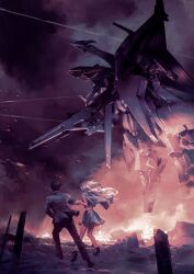  1boy 1girl 1other blonde_hair concept_art explosion fire flying full_body gigi_andalusia gun gundam gundam:_hathaway's_flash hathaway_noa highres holding holding_gun holding_weapon mecha mobile_suit pablo_uchida penelope_(hathaway's_flash) robot running science_fiction war weapon 