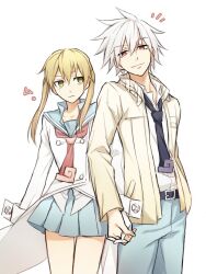  1boy 1girl blonde_hair commentary_request gloves green_eyes hetero holding_hands interlocked_fingers long_hair maka_albarn necktie red_eyes school_uniform se_sm simple_background skirt smile soul_eater soul_evans twintails white_background white_hair yellow_eyes 
