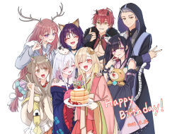  3boys 5girls ahoge animal_ears antlers ayatsumugi_roka ayatsumugi_roka_(tsukuyomi) black_choker black_hair blonde_hair blue_kimono blue_nails blush braid brown_eyes brown_hair cho_kaguya-hime! choker commentary crescent crescent_hair_ornament crossdressing crossdressing_(mtf) dated detached_sleeves english_commentary food forehead_jewel fox_ears fox_girl fruit fushi_(cho_kaguya-hime!) grey_hair grey_jacket hair_ornament hamster_ears hamster_girl hand_on_another's_shoulder happy_birthday highres hood hood_up horns inudoge isayama_mami isayama_mami_(tsukuyomi) jacket japanese_clothes kaguya_(cho_kaguya-hime!) kaguya_(reply)_(cho_kaguya-hime!) kaguya_(tsukuyomi)_(cho_kaguya-hime!) kimono komazawa_noi komazawa_noi_(tsukuyomi) komazawa_rai komazawa_rai_(tsukuyomi) long_hair medium_hair mikado_akira_(cho_kaguya-hime!) mikado_akira_(tsukuyomi)_(cho_kaguya-hime!) multicolored_hair multiple_boys multiple_girls nail_polish off_shoulder one_eye_closed onigiri open_mouth pancake pancake_stack parted_lips pink_hair pink_kimono pink_streaks purple_hair red_hair runami_yachiyo runami_yachiyo_(tsukuyomi) sakayori_iroha sakayori_iroha_(tsukuyomi) short_hair simple_background single_braid souffle_pancake strawberry streaked_hair tail teeth thumbs_up tiger_boy tiger_ears tiger_tail trap twintails upper_teeth_only very_long_hair violet_eyes white_background white_hair xp0p0p0x yellow_eyes yellow_nails 