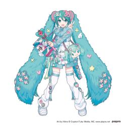  1girl 39 :d aqua_eyes aqua_hair aqua_jacket blush character_bag character_hair_ornament charm_(object) commentary_request company_name copyright_notice full_body hair_between_eyes hair_ornament hatsune_miku heart highres holding holding_wand ixima jacket leg_warmers long_hair looking_at_viewer number_hair_ornament official_art pin second-party_source shoes simple_background sleeves_past_wrists smile solo spring_onion standing star_(symbol) twintails v very_long_hair vocaloid wand web_address white_background white_leg_warmers white_shoes 