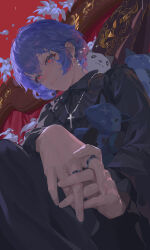  1girl absurdres ayanami_rei blue_hair closed_mouth commentary cross cross_necklace english_commentary highres jewelry mixed-language_commentary necklace neon_genesis_evangelion red_eyes ring short_hair solo stuffed_animal stuffed_toy zigou 