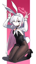  1girl absurdres animal_ears arms_up black_eyes black_leotard black_pantyhose black_shoes blue_archive braid breasts chinese_commentary closed_mouth colored_inner_hair commentary_request dot_mouth double_v fake_animal_ears fake_tail full_body gradient_background grey_eyes hair_over_one_eye hairband halo high_heels highres hitomi_(tongshou) kneeling leotard long_hair long_sleeves looking_at_viewer multicolored_hair neckerchief pantyhose pink_hair pink_halo plana_(blue_archive) playboy_bunny rabbit_ears rabbit_tail red_halo red_pupils shoes shrug_(clothing) single_braid sleeve_cuffs small_breasts solo strapless strapless_leotard tail two-tone_background two-tone_hair v very_long_hair white_hair white_neckerchief 