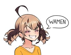  1girl ahoge brown_hair commentary gigi_murin ginotty hololive hololive_english multicolored_hair open_mouth orange_shirt shirt simple_background smile solo teeth two-tone_hair white_background 
