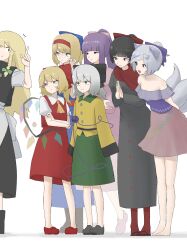  6+girls alice_margatroid animal_ears apron ascot bare_shoulders black_bow black_skirt black_vest blonde_hair blue_bow bow braid buttons collared_shirt crystal crystal_wings diamond_button disembodied_linked_eye dog_ears dog_girl dog_tail dress eyeball flandre_scarlet green_bow green_eyes green_skirt grey_dress grey_hair hair_bow hairband harem highres kirisame_marisa komeiji_koishi l_hand long_hair long_sleeves looking_at_another missing_headwear mitsugashira_enoko mori_dobonua_(mordvna) multicolored_wings multiple_girls multiple_tails notice_lines off-shoulder_shirt off_shoulder one_side_up own_hands_together palms_together patchouli_knowledge pink_bow pink_dress pink_skirt puffy_short_sleeves puffy_sleeves purple_bow purple_hair purple_shirt red_bow red_eyes red_hairband red_skirt red_socks red_vest sandals shirt short_sleeves side_braid single_braid skirt skirt_set sleeves_past_fingers sleeves_past_wrists smile socks tail touhou vest waist_apron white_apron white_bow white_shirt wide_sleeves wings yatadera_narumi yellow_ascot yellow_eyes yellow_shirt yuri 