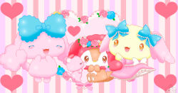  1boy 3girls :3 :d ^_^ animal_ears azuki_(cinnamoroll) back_bow bilingual_commentary blue_bow blue_flower blush bow brown_eyes chibi chibi_only chibikemo closed_eyes commentary doily dress english_commentary flower frilled_dress frills furry furry_female furry_male furry_with_furry fuwa_fuwa_cinnamoroll hair_bow head_wreath heart hetero jirachicute28 kiss kissing_cheek lace-trimmed_bow lace_trim littleforestfellow mixed-language_commentary multiple_girls my_melody_(series) pawpads pink_dress pink_flower pinky_(sanrio) poron_(cinnamoroll) rabbit_boy rabbit_ears rabbit_tail rose sanrio sitting size_difference smile spanish_commentary squirrel_ears squirrel_girl squirrel_tail tail white_bow yume_kawaii 