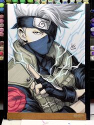  1boy abstract_background artist_name black_eyes black_gloves commentary electricity electrokinesis english_commentary fingerless_gloves flak_jacket forehead_protector gloves hatake_kakashi headband_over_one_eye jacket looking_at_viewer male_focus marker_(medium) mask mouth_mask naruto_(series) ninja ninja_mask one_eye_covered photo_(medium) signature solo stanley_lau traditional_media upper_body white_hair 