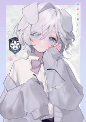  1girl absurdres animal_ears artist_name blue_eyes bow bowtie cardigan closed_mouth collared_shirt commentary_request dog_ears expressionless eyes_visible_through_hair glasses glint grey_cardigan hair_ornament hairclip head_on_hand head_tilt highres holding holding_removed_eyewear hue_0813 looking_at_viewer medium_hair open_cardigan open_clothes original purple_bow purple_bowtie school_uniform shirt single_hair_intake sleeves_past_fingers sleeves_past_wrists tareme unworn_eyewear upper_body white_hair white_shirt wing_collar x_hair_ornament 