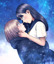  2girls aria_(vampeerz) black_hair blonde_hair commentary_request cover cover_page eye_contact hand_in_own_hair hand_on_another's_cheek hand_on_another's_face higashiyama_shou highres hug ichika_(vampeerz) light_smile looking_at_another medium_hair multiple_girls official_art school_uniform short_hair sky star_(sky) starry_sky tearing_up tears textless_cover_page vampeerz yuri 
