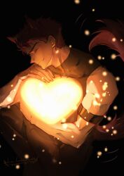  1boy absurdres animal_ears arm_strap black_background chinese_commentary closed_eyes closed_mouth commentary_request fang head_tilt heart highres linlinzhong love_and_deepspace male_focus sleeveless smile solo tail turtleneck valko_(love_and_deepspace) wolf_boy wolf_ears wolf_tail 