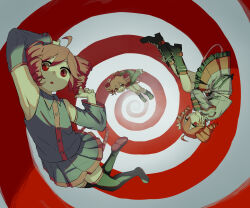  3girls absurdres ahoge arm_up armpits avogado6 black_boots boots collared_shirt commentary_request detached_sleeves drill_hair grey_skirt grey_sleeves hand_on_own_face highres kasane_teto kasane_teto_(sv) kasane_teto_(utau) looking_at_viewer multiple_girls multiple_persona red_eyes red_hair shirt skirt spiral spiral_background synthesizer_v thigh_boots twin_drills upside-down utau 